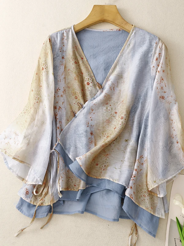 

New Chinese Sle Floral Print Flax irt Women's Loose Casual Summer Top V-Ne Lantern Sve Tea Ceremony Upperwear