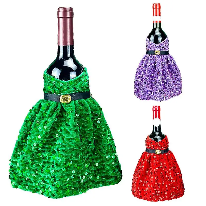 Christmas Wine Bottle Cover Christmas Sequin Wine Sleeves Wine Bottle Dress for Christmas Wedding Birthday Parties Supplies