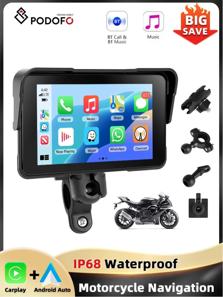 Podofo 5'' Motorrad Carplay Android Auto IP68 Wasserdichter Smart Screen Player Bluetooth Helligkeitseinstellung Motorrad-Monitor