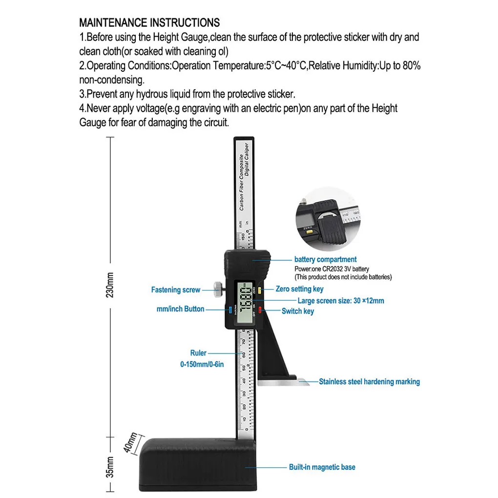 Accurate Digital Display Digital Height Depth Gauge For Precise And Accurate Measurements Wide