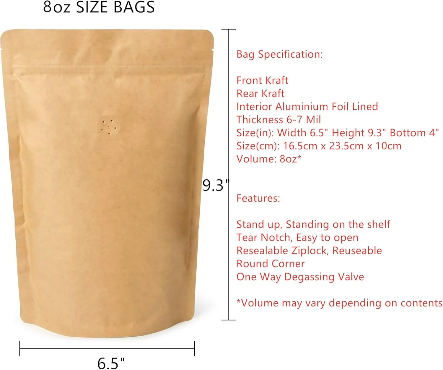 High Barrier Natural Kraft Paper Stand up Zipper Coffee Pouch Bag with One Way Degassing Valve (500, 8 OZ)