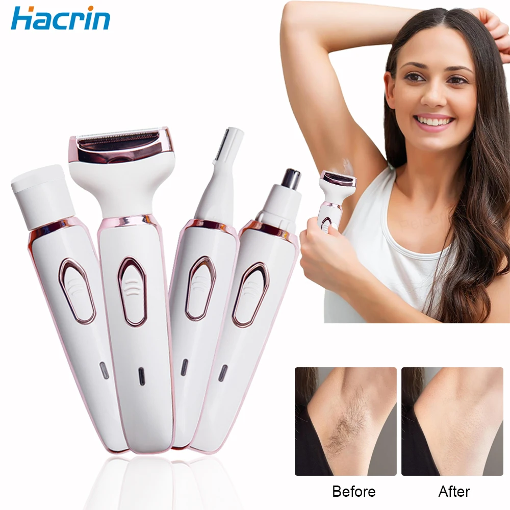 Hair Removal 4 in 1 Painless Epilator Electric Razor Portable Lady Shaver Eyebrow Nose Ear Face Body Armpit Bikini Leg for Women