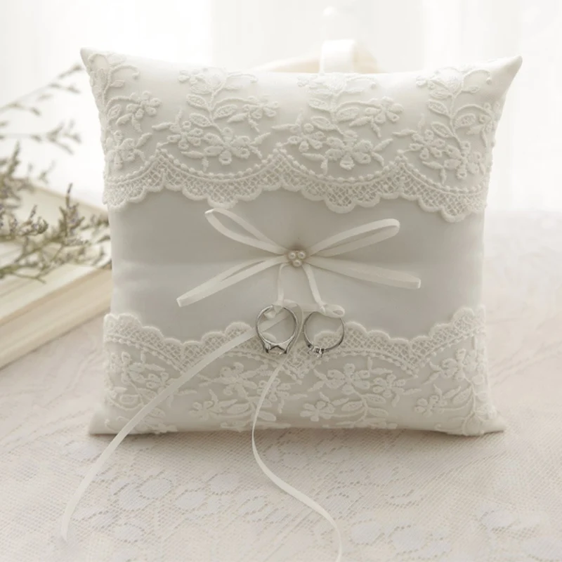 20x20cm White Lace Wedding Ring Pillow Alliance Bridal Ring Bearer Pillow Cushions Wedding Marriage Ceremony Decoration Supplies