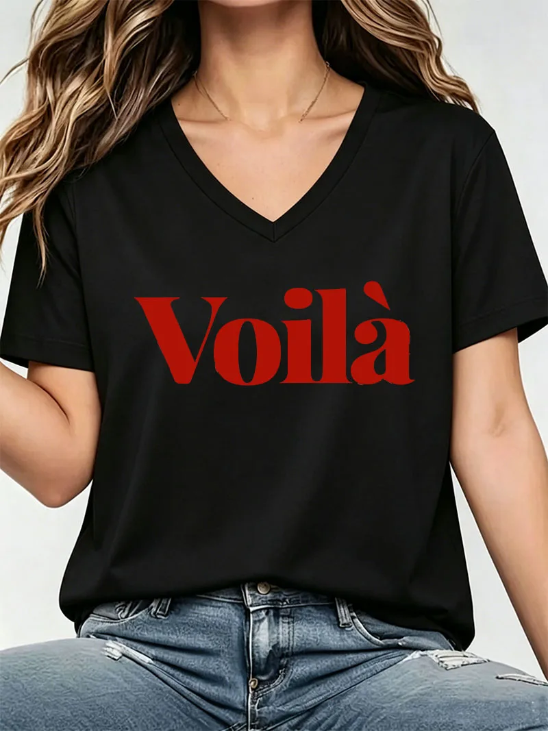 90s Y2k Voila Letter Print Streetwear T-Shirts V Neck Female T Shirts Egirl Korean Fashion Graphic Tees Tops Women Clothing