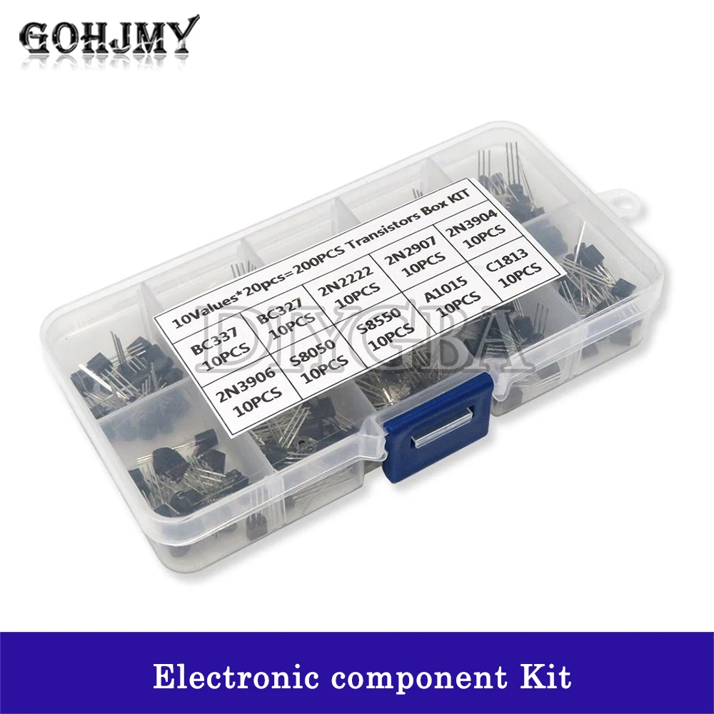 200PCS BC337 BC327 2N2222 2N2907 2N3904 2N3906 S8050 S8550 A1015 C1815 Transistor Assortment Kit 10 value Transistors Box Pack