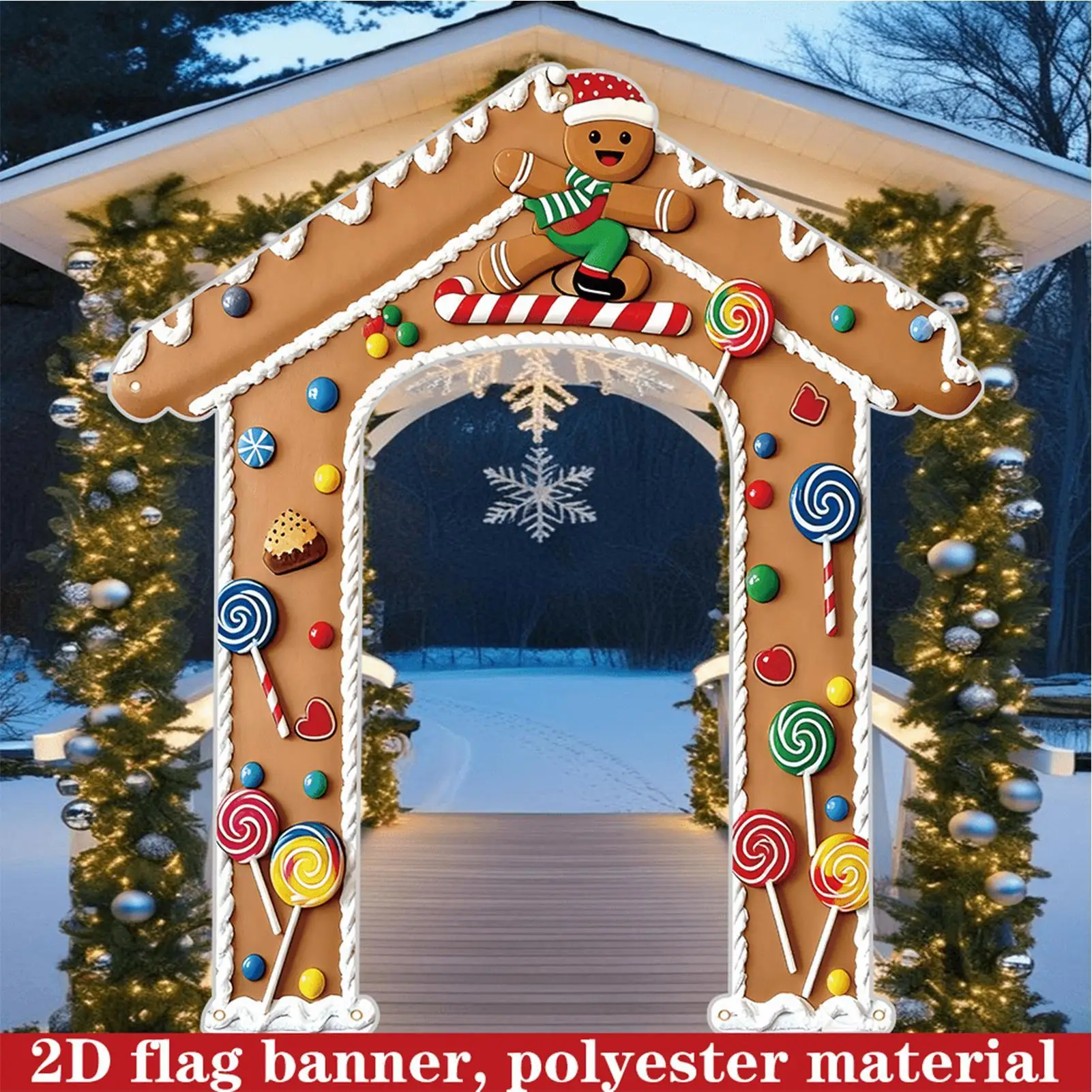 Merry Christmas Banner 2D 78x71 Inch Gingerbread Man Sign Christmas Porch Sign Yard Flag For Outdoor Patio Garden Pathway