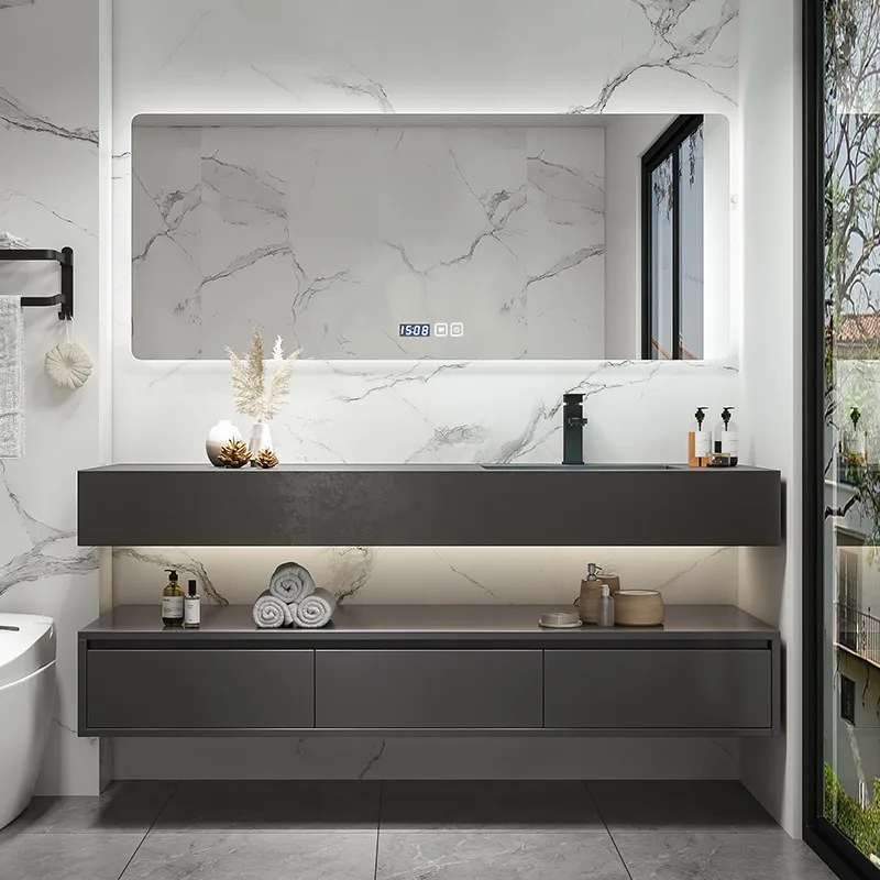 Rock slab hot bending integrated basin bathroom cabinet combination rock slab seamless ceramic basin hotel washbasin wash basin image 2