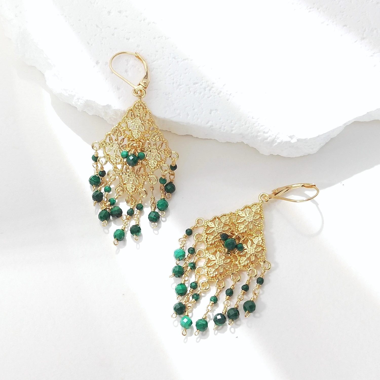 Lii Ji Natural Malachite 925 Sterling Silver Gold Plated Hook With Gold Filled Statement Tassel Earrings Handmade Jewelry