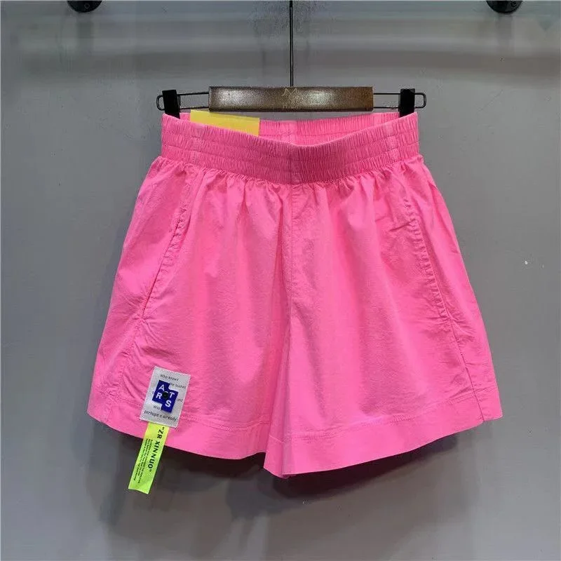 DAYIFUN-Candy Color High-waisted Shorts Women A-line Wide Leg Labeling Short Pants Neon Yellow Casual Street Wear Summer Pants