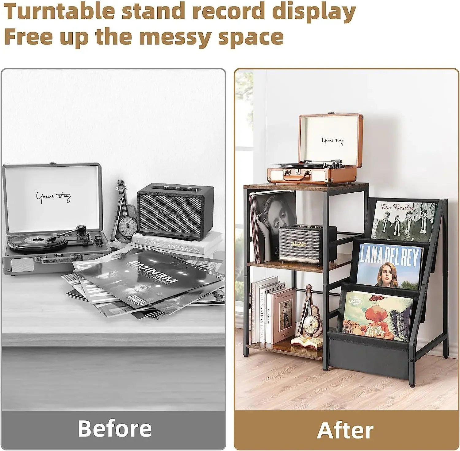

Hooqu Vinyl Record Holder End Table 3-Tier Record Storage Turntable Stand Record Player Table Stand