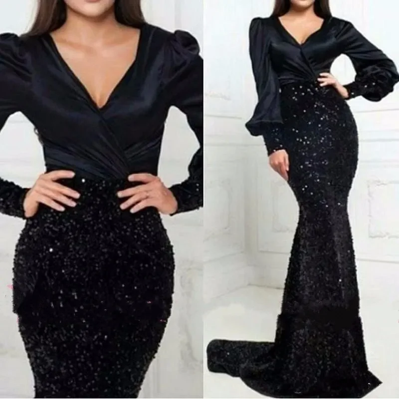 

Deep V-neck Mermaid Long Sleeves Lace Islamic Dubai Saudi Arabic Elegant Long Formal Evening Gown Customized