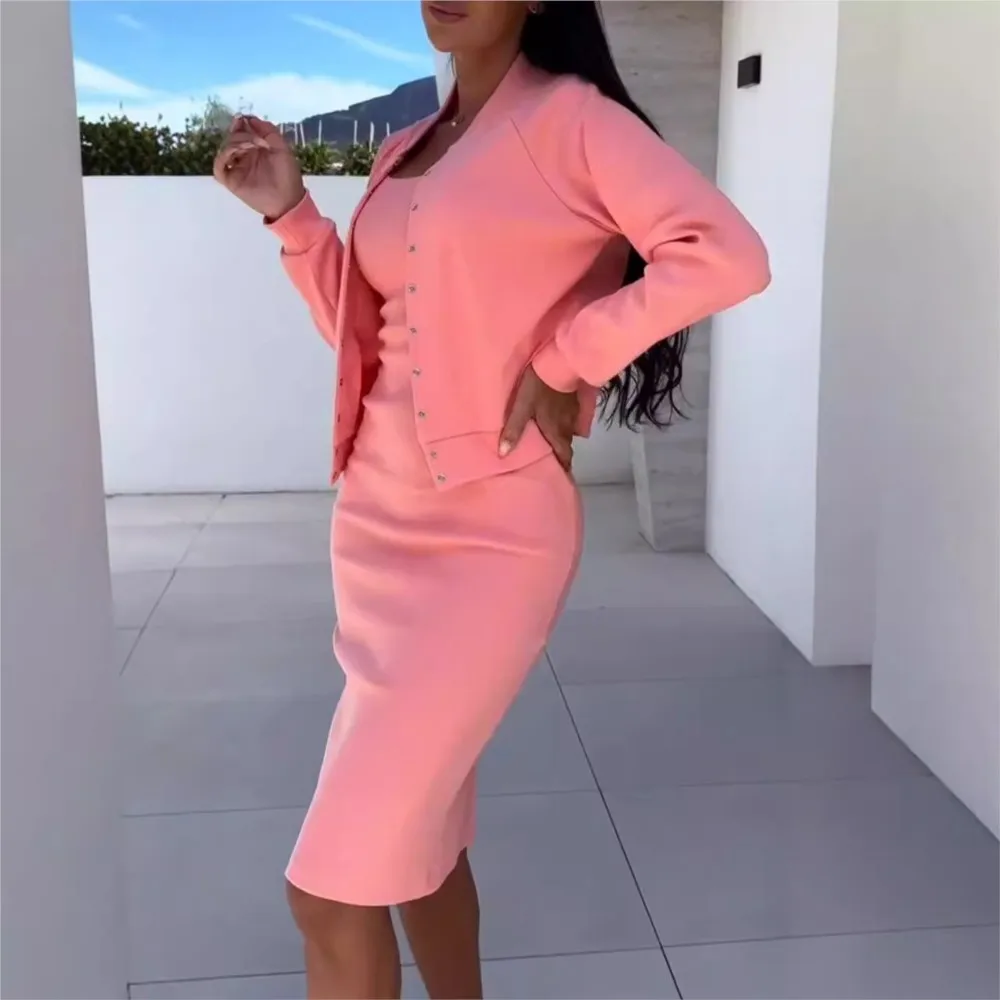 Jesień Zima Nowa Spódnica Halter Kardigan Płaszcz Top Dwuczęściowy Damski Modny Torebka Pośladek Elegancki Kobiecy Zestaw Sukienki Biurowe 2025