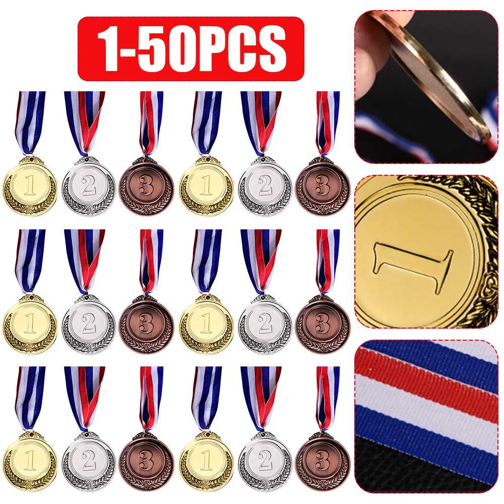 1-50Pcs Award Medal with Neck Ribbon Zinc Alloy Gold Silver Bronze Winner Reward For Sport Competition Prize Medal Souvenirs