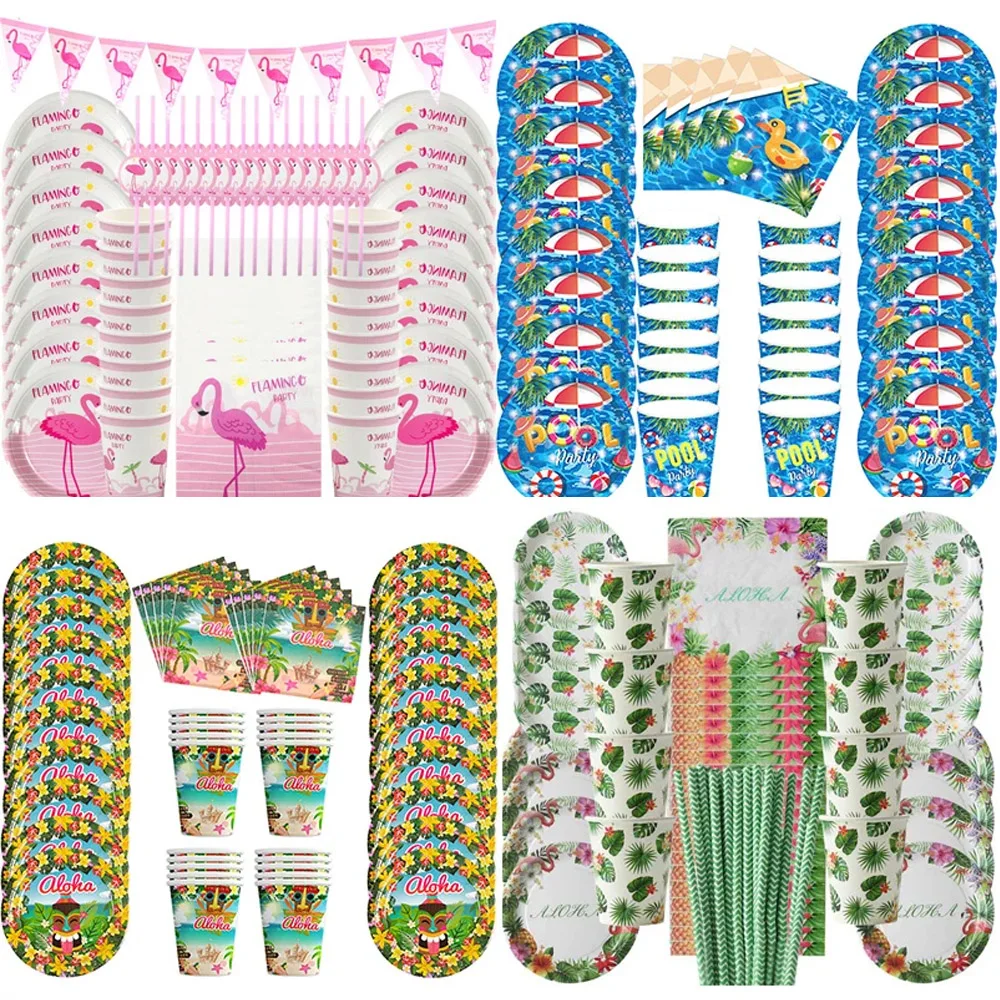 Zestawy jednorazowych zastaw stołowych Tropical Party Flamingo Palm Leaf Hawaiian Birthday Party Supplies Summer Aloha Luau Party Decorations