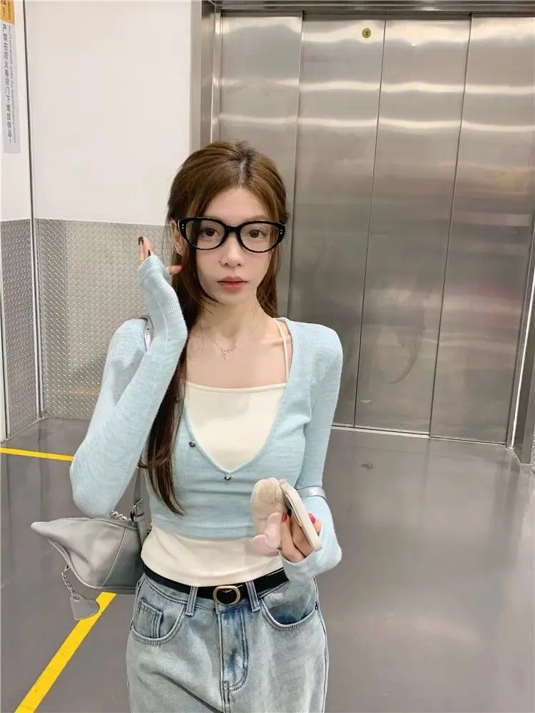 Женский поддельный двухсекционный базовый слой с длинными рукавами, весенний полуоткрытый воротник, облегающий универсальный топ с цветными блоками