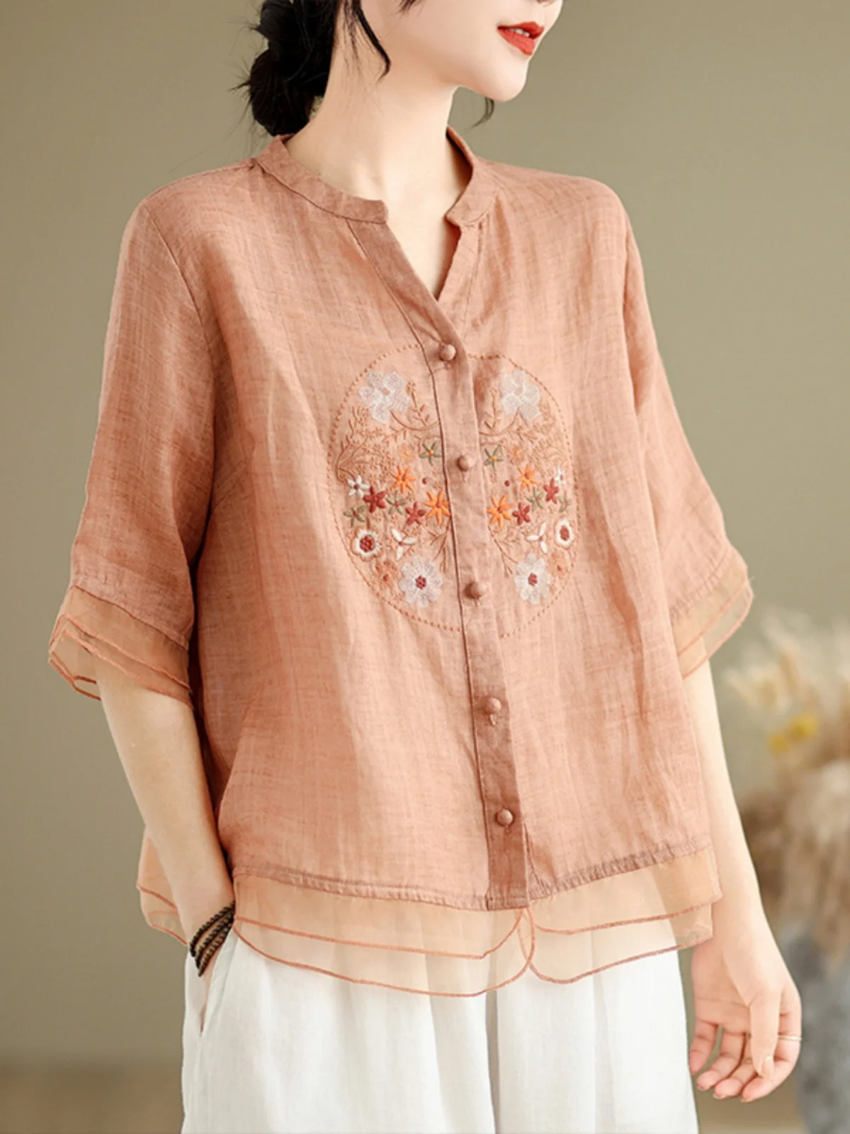 

Женский летний миди Све V-Ne с вышивкой из льна в стиле ретро, элегантный маленький топ с открытым воротником, стандартного кроя