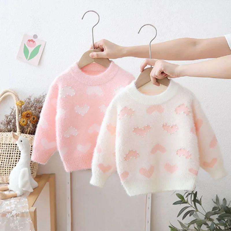 Girls Fleece Sweater Autumn Love Pattern Print Knitwear Winter Kids Thickened Pullover Beaded Sweaters for Princess