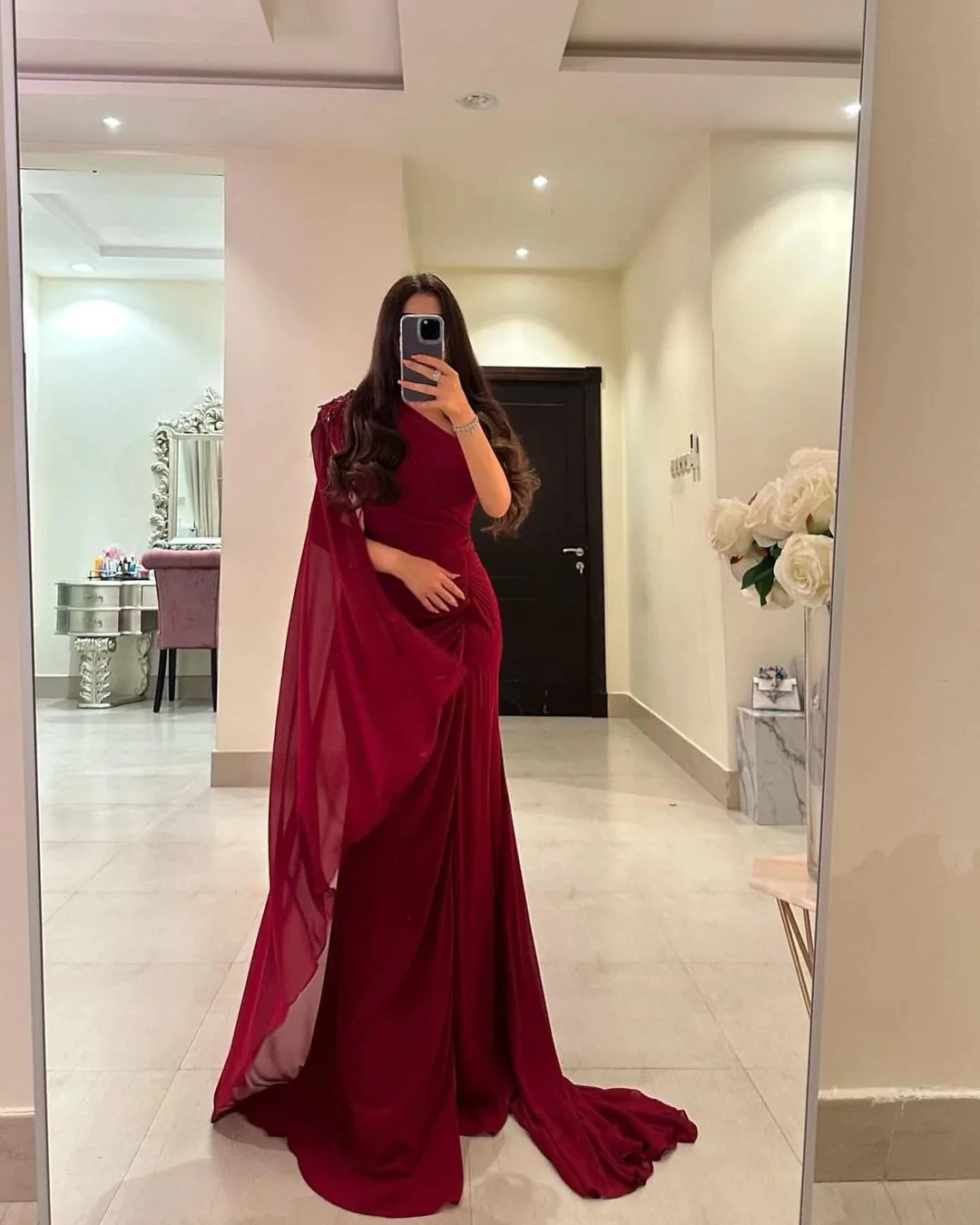 

Elegant Prom Dresses 2024 Evening Dresses For Women Burgundy Chiffon Long Sleeves Mermaid One-Shoulder Train Formal Occasion