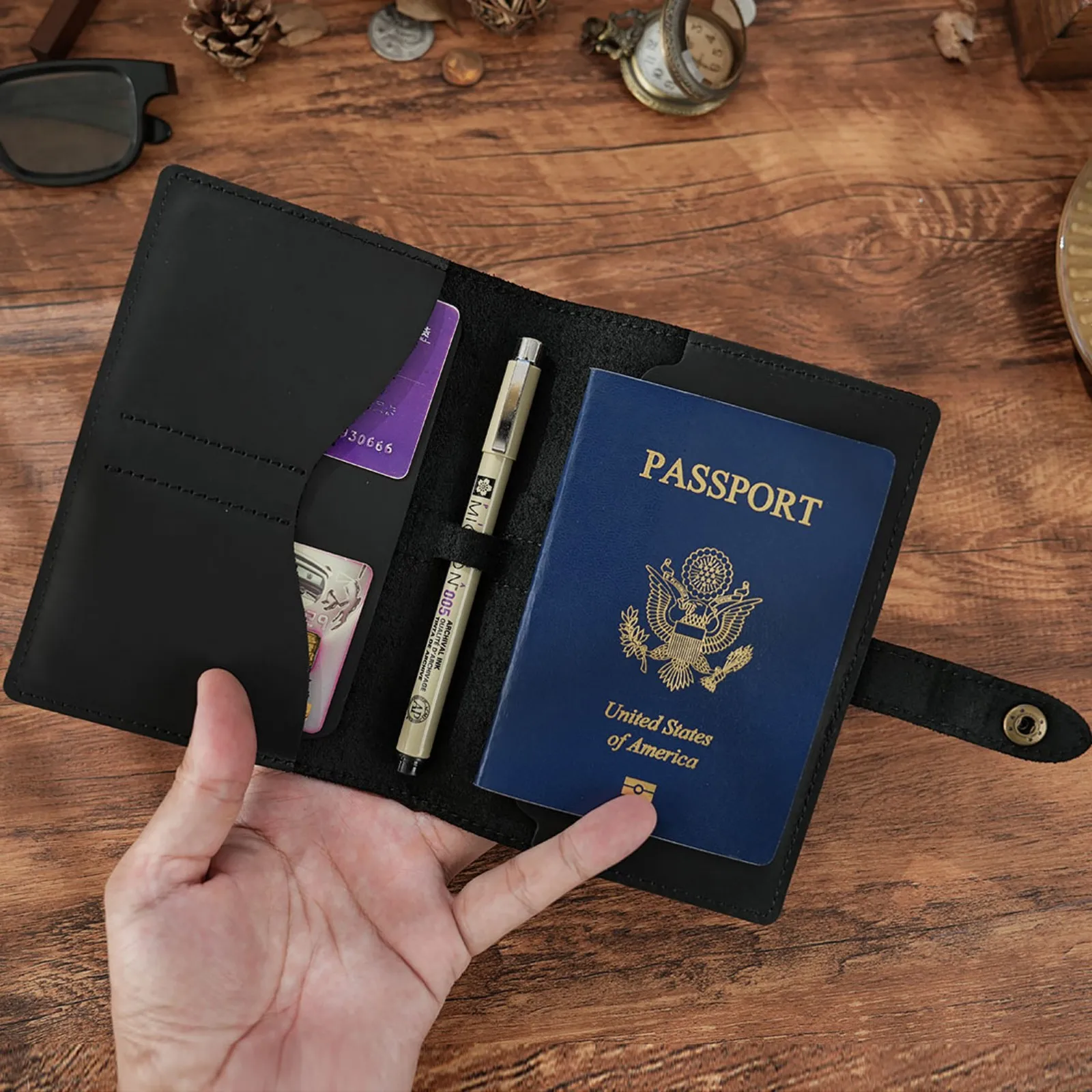 Leather Journal Cover Handmade Refillable Travel Notebook with Passport Pocket & Card Holder for Field Notes 3.5" x 5.5" Diary