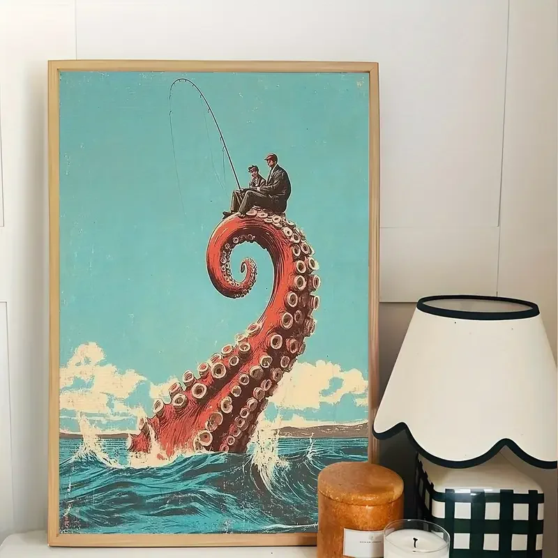 1pc Whimsical Deep Sea Wall Art: Man in Suit Fishing on Spiral Red Tentacle with Floating Figure | Ocean Fantasy Decor Frameless