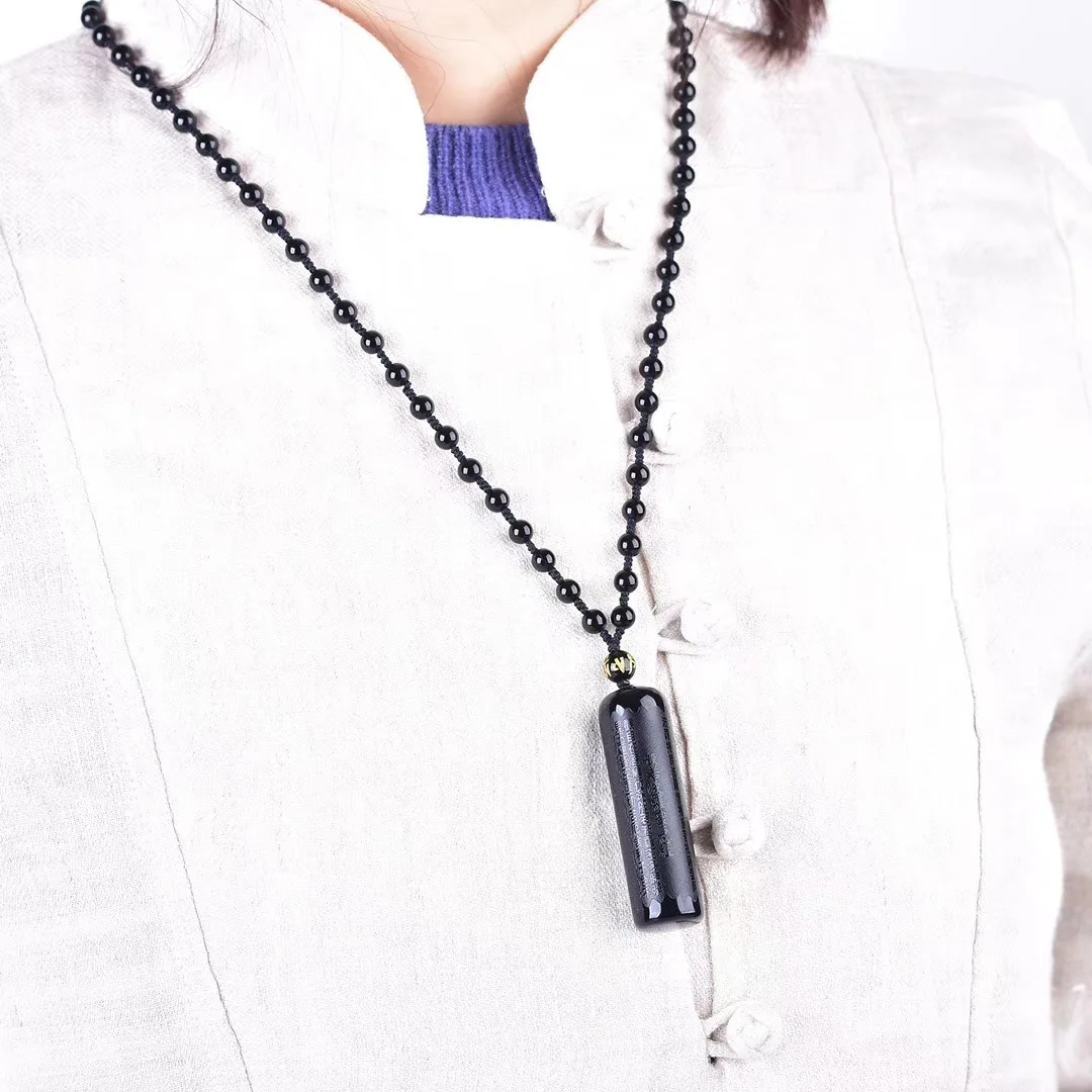 Natural Obsidian Matte Heart Sutra Bodhisattva Guanyin Cylindrical Pendant for Wholesale - Spiritual Jewelry