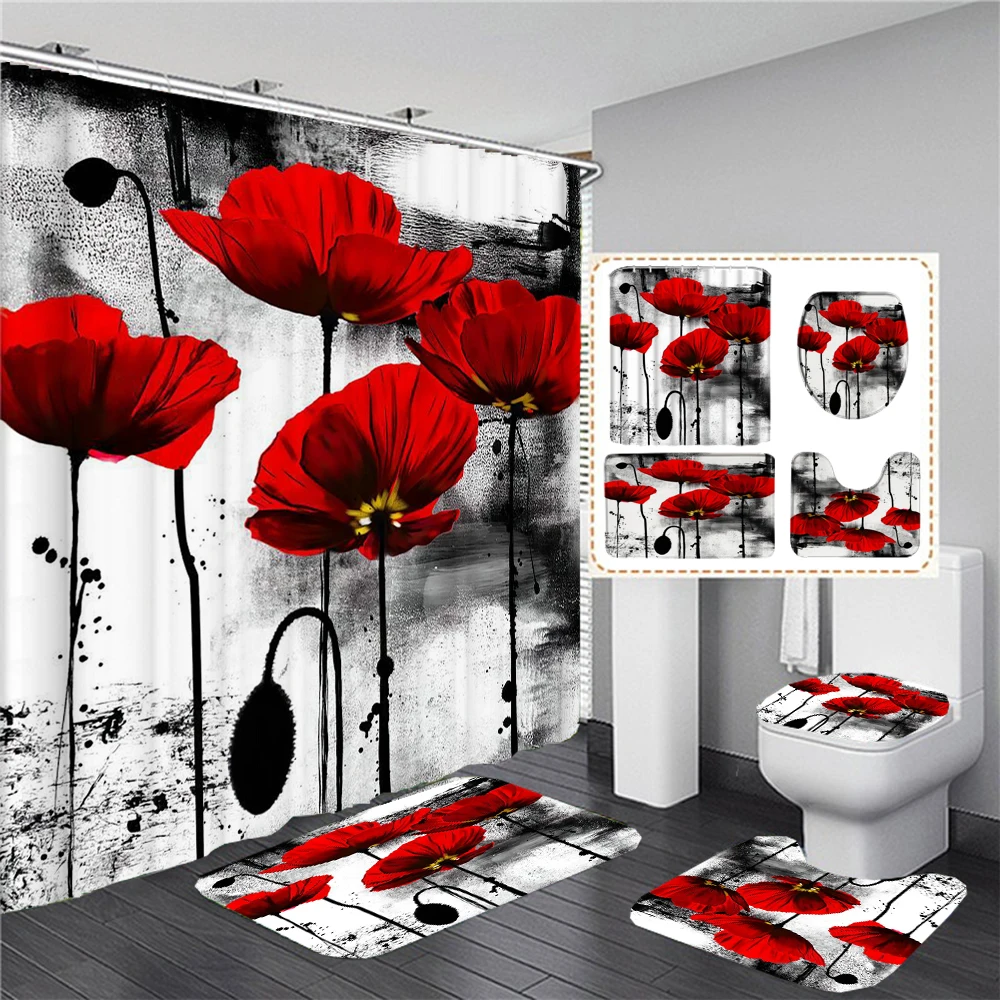 

Elegant Red Flowers Print Shower Curtain with Hooks High Quality Flower Waterproof Bathroom Curtain Bath Mat Set Home Decoration