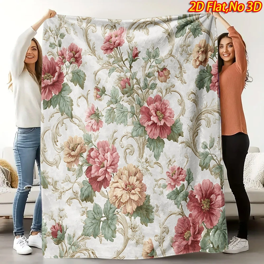 Retro Baroque Pink Beige Peony Green Leaf Repeat Pattern Flannel Throw Blanket, Warm Cozy Blanket, Floral Decor Gift For Bedroom