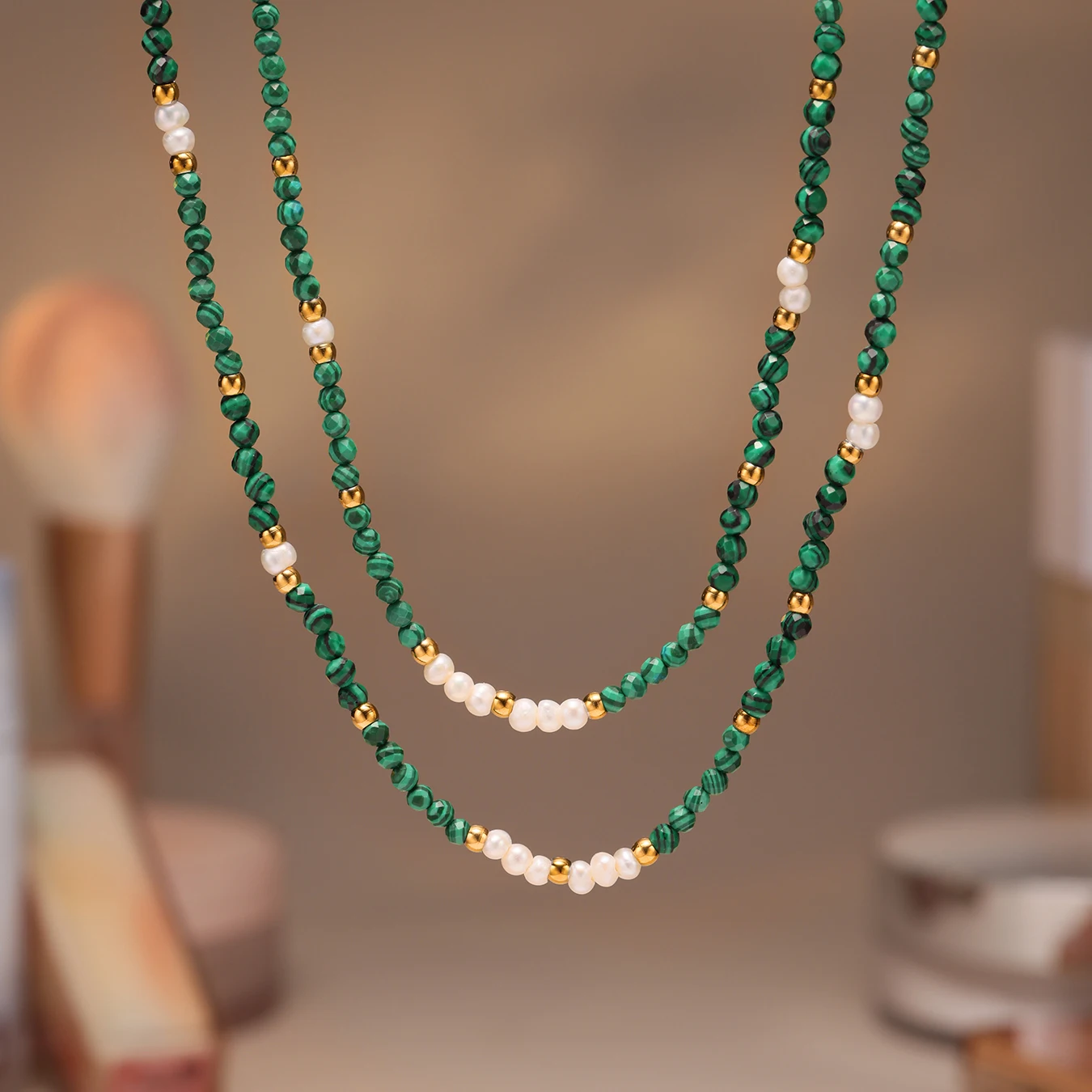 

Nivora Green Malachite Freshwater Pearl Strand Beads Necklace For Women Stainless Steel Choker Necklace Wedding Handmade Jewelry