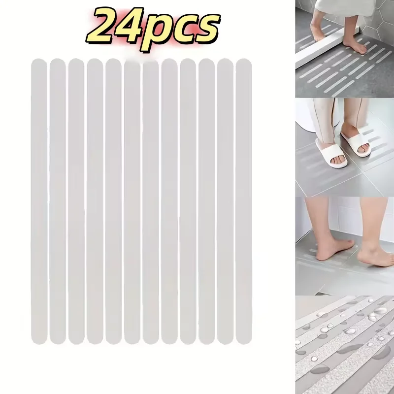 24Pcs Clear PEVA Anti‑Slip Shower Strips Diamond Pattern Waterproof Self‑Adhesive Safety Treads for Bathtub Shower Stairs Househ