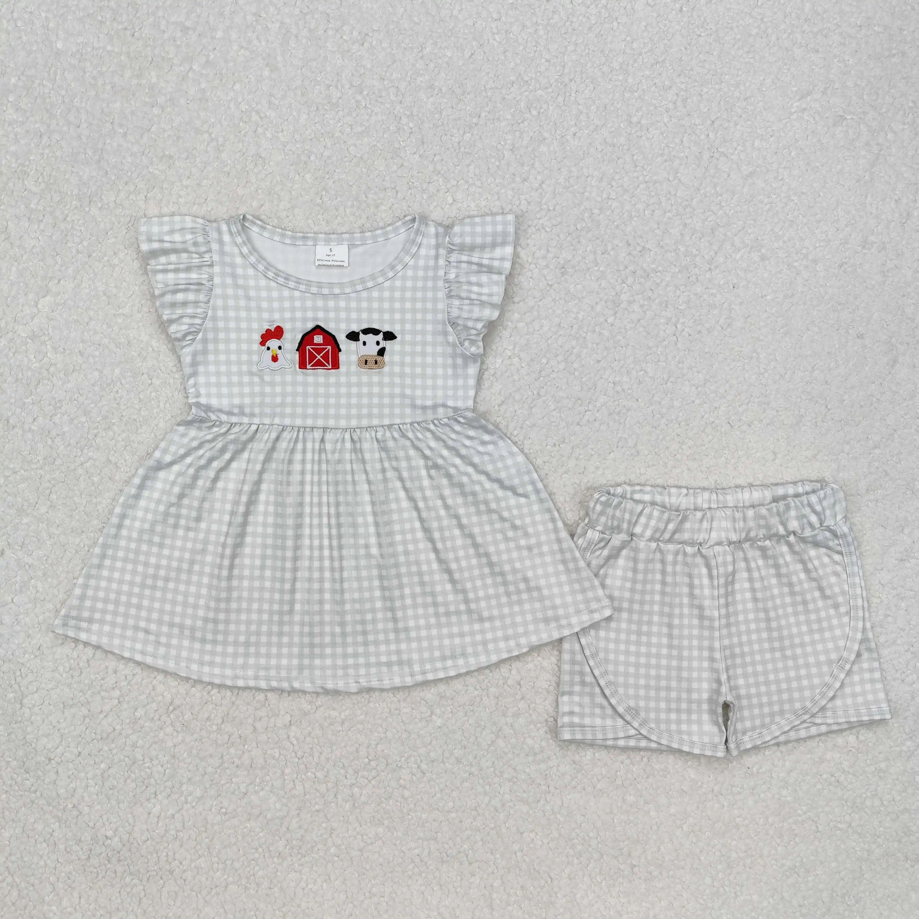 New rts baby girls summer suits wholesale boutique embroidery chick farm red house cow green plaid flying sleeve shorts suit