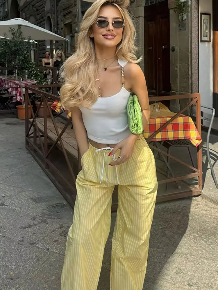 HH 2024 Stylish Summer Women\'s Yellow Striped Straight Long Pants Versatile High Waist Drawstring Cozy Loose Casual Trousers