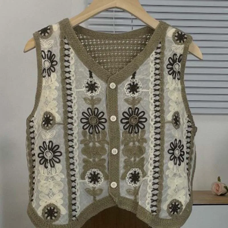 Damska luźna kamizelka z ażurowym wzorem kwiatowym w stylu retro, idealna na lato, uniwersalna, wyszczuplająca, rozpinana kurtka/kardigan/top.