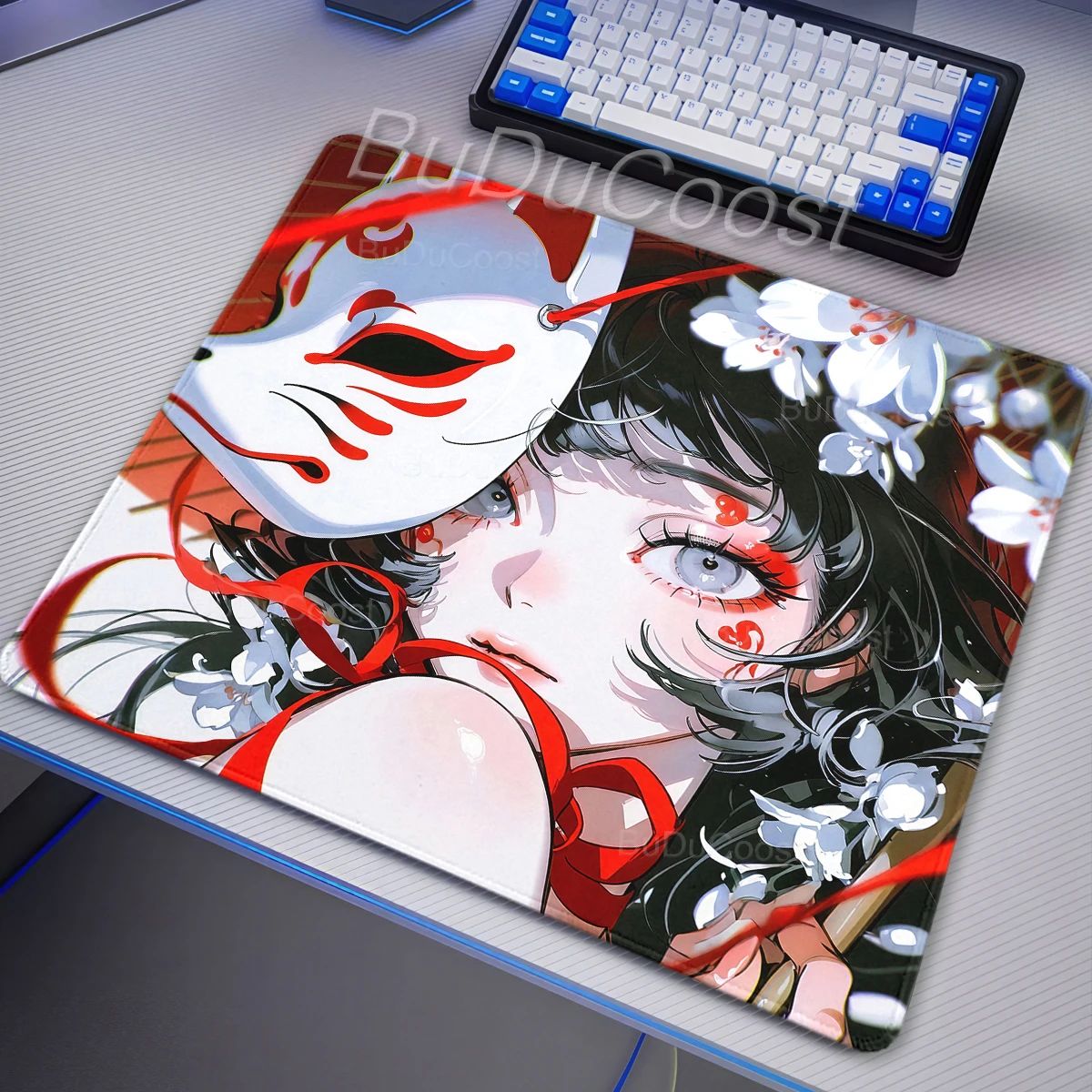 Anime Girls Samurai Fox Mask Mousepad Computer Gaming Accessories Gamer Professional Non-Slip Mouse Mat Flower Small Desk Mats
