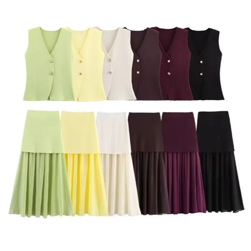 سترة نسائية أنيقة على شكل حرف v بدون أكمام بزرين سترة محبوكة + خصر عالي وسحاب وحاشية طيات تنانير طويلة ملابس خروج فرنسية