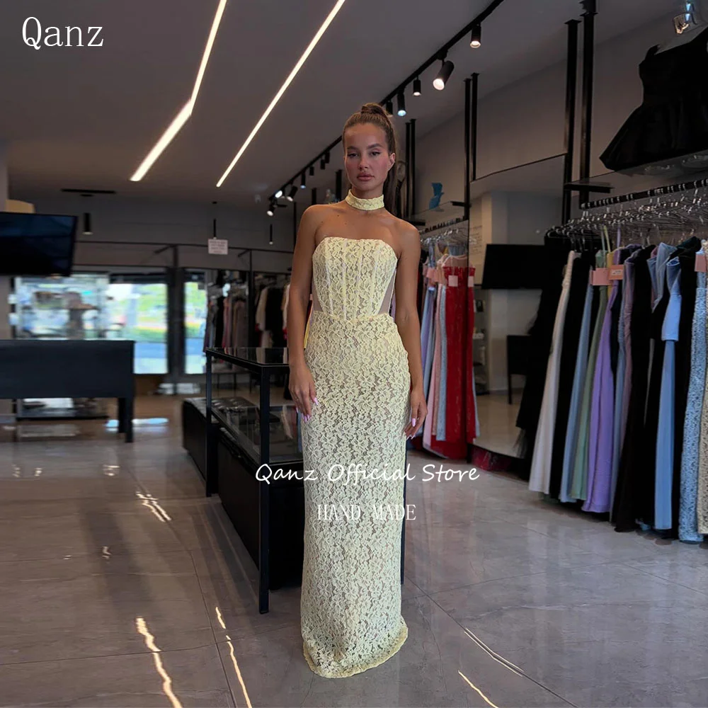Qanz Yellow Full Lace Evening Dresses Women Elegant Mermaid Wedding Guest Dresses Classy High Slit Vestidos De Fiesta Customized