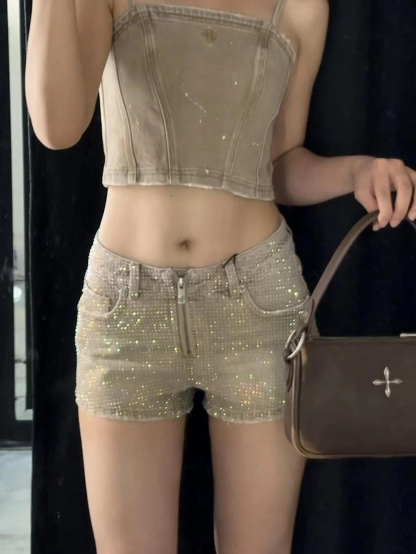 

Low Waist Spliced Denim Shorts Women's Summer New Style High Rise Heavy Rhinestone Cowboy Jeans Trendy Girl Fashion Wide Leg ...