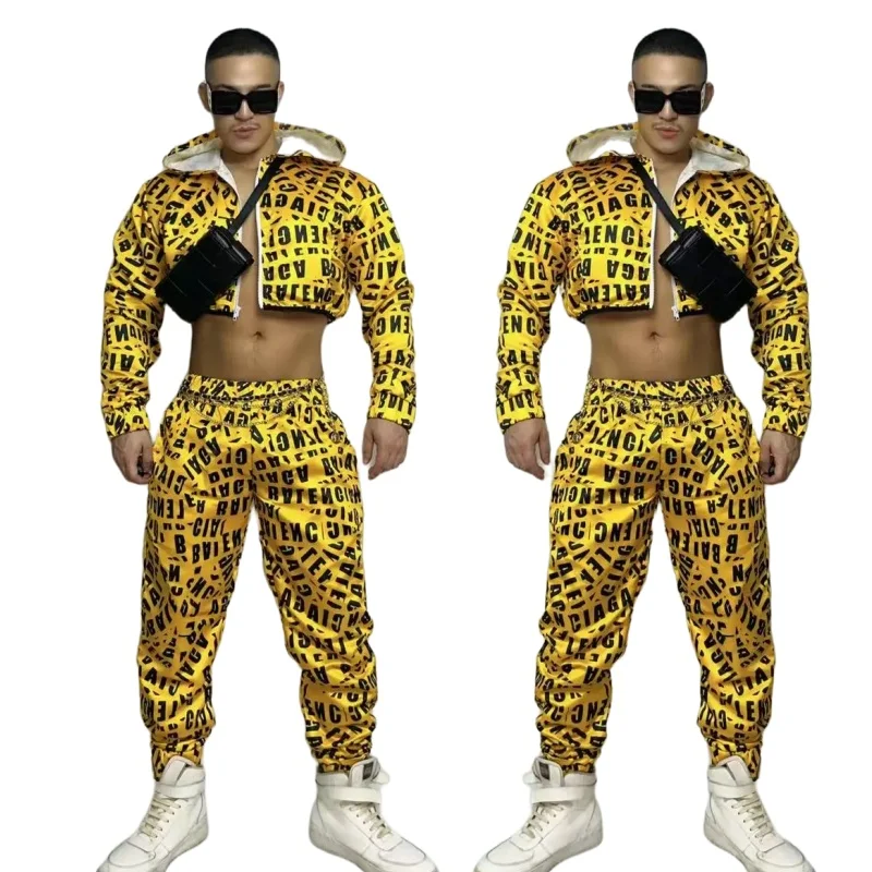 Yellow Letter Hooded Short Jacket Pants Hip Hop Jazz Dance Costume Male Women Gogo DJ Party Rave Show Performance Clothes