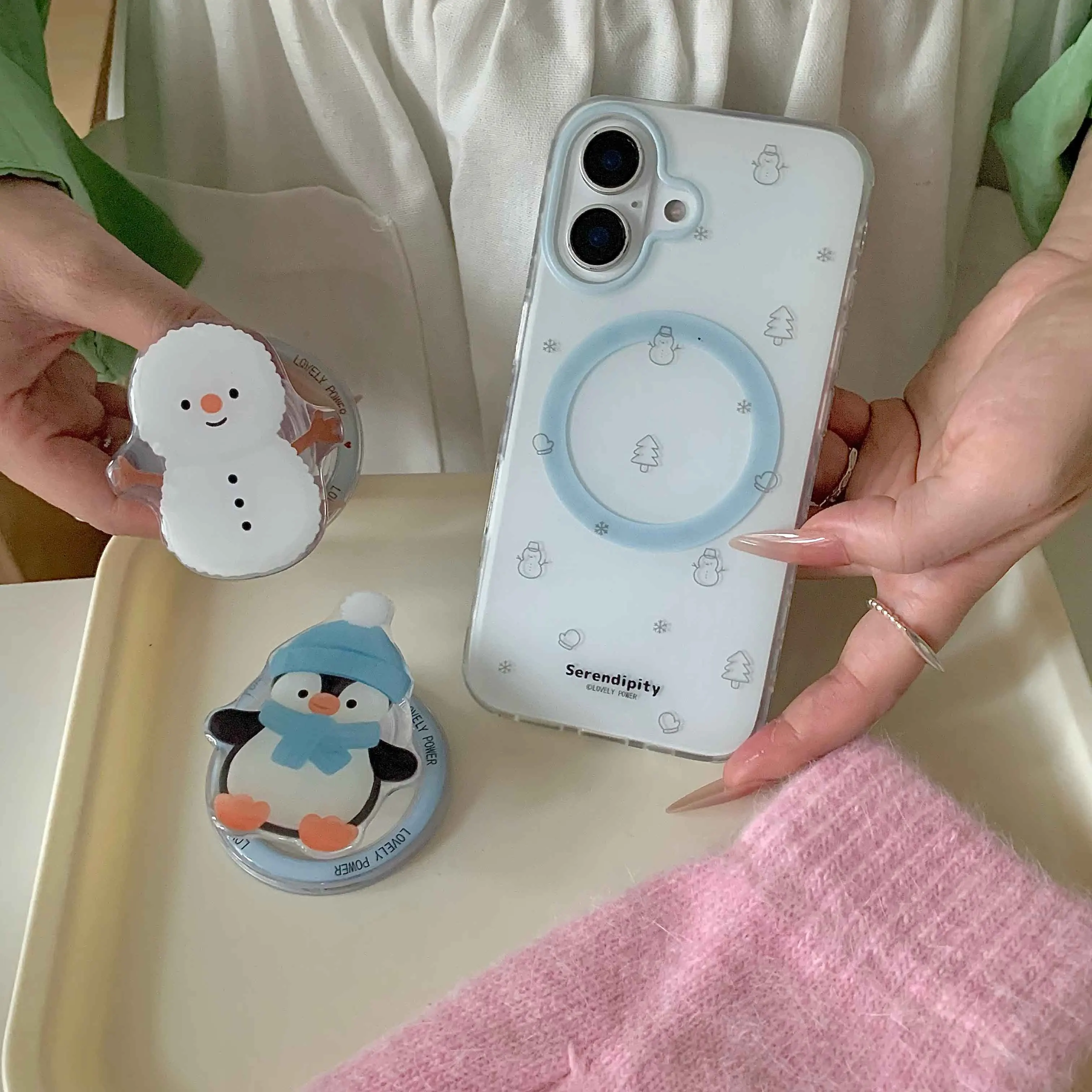 Cartoon Lined Winter Phone Case For Iphone 15Pro 16 13 14ProMax 14 15 Pro Max 16Pro Cute Snowman Magnetic Stand Holder Fundas