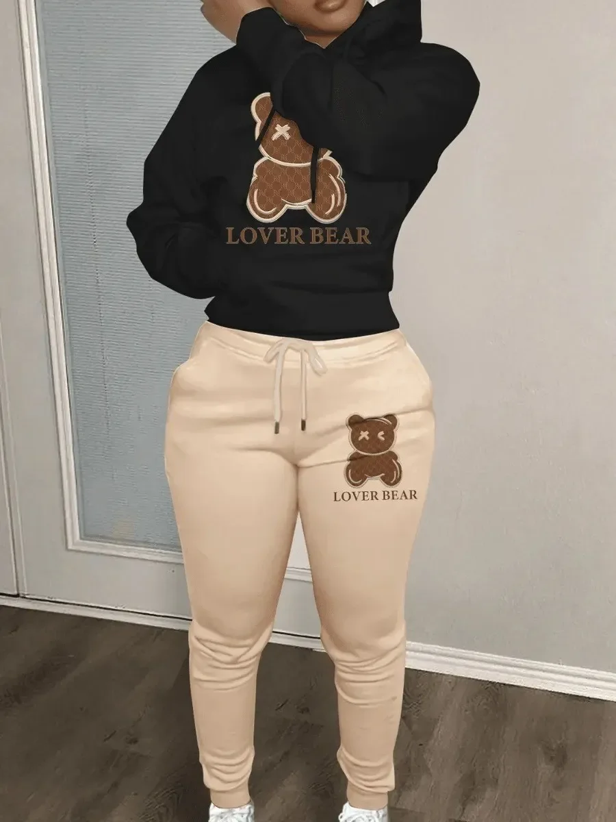 Lovely Bear Letter Print Kangaroo Pocket Long Sleeve Hooded Workout Set + Female Drawstring Pants Two Pieces Matching Suits 2024