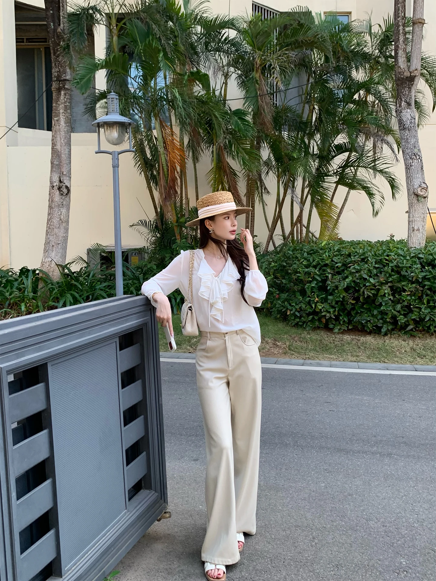 

KUN Light Mist White Pearl irt Women's Spring Season Lace Trim Button up Top New Sle French Sle Straight Cut Long Sve