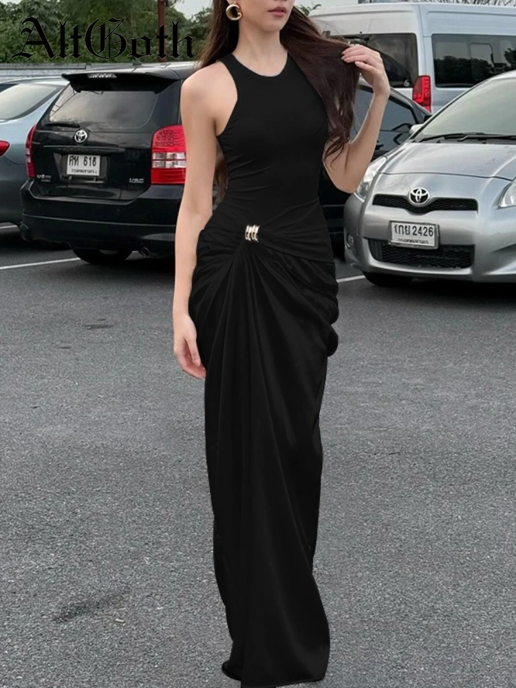 

AltGoth Fairycore Grunge Elegant Dress Women Aesthetic Mall Gothic Streetwear Sleeveless High Waist Pleated Bodycon Dress Female