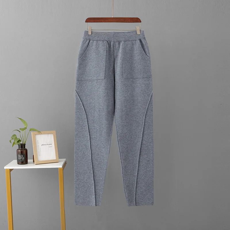 HLBCBG 2023 NEW Autumn Winter High Waist Knit Pants Women Elastic Waist Straight Solid Keep Warm Knit Trousers