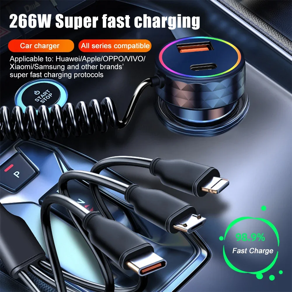 2 Port Super Fast USB Car Charger for iPhone 14 Pro Max 13 Oneplus Huawei OPPO Samsung Xiaomi 260W Quick Charging Loader Adapter