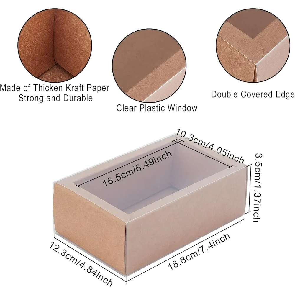 12 Pack 7x5x1.5 Inch Brown Rectangle Drawer Kraft Boxes with PVC Plastic Window for Party Favor Treats Candy and Jewelry Crafts