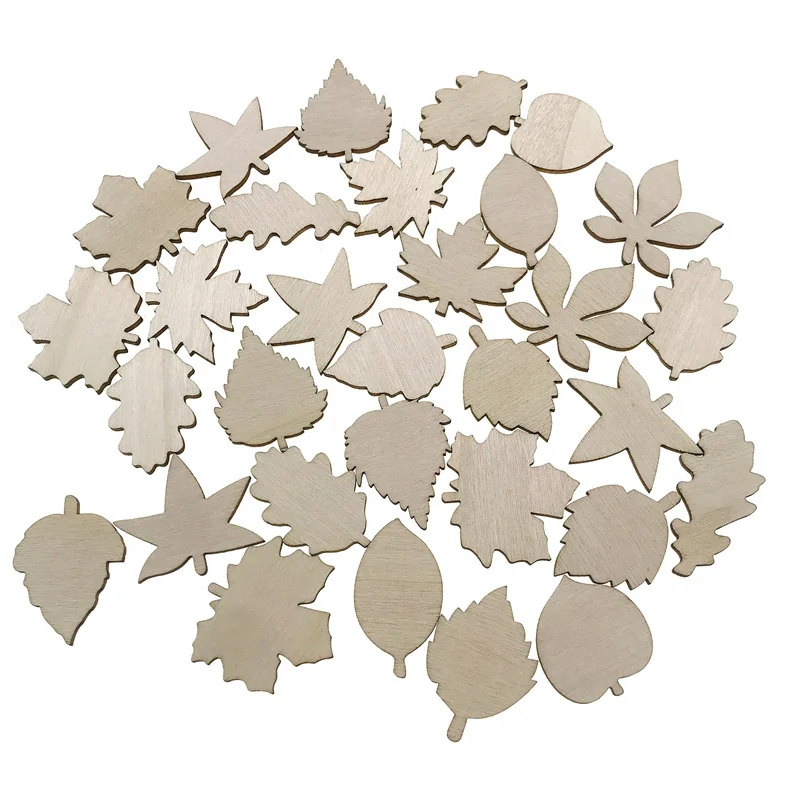 50pcs 30mm Unfinished Wooden Leaves Craft Blank Leaf Shape Cutout Ornament for Thanksgiving Fall Party DIY Decor