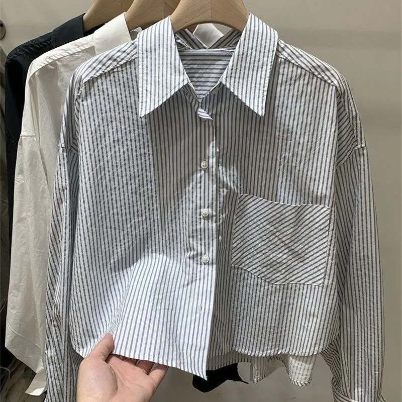 

Lazy Style Women's Design Niche Loose Short Top Autumn New Korean Long-sleeved Striped Shirt