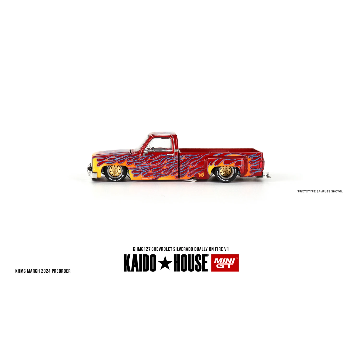 TSM KAIDO HOUSE MINIGT 1/64  KHMG127 silverado Dually on Fire V1 Varnish Chase Green Yellow Die-cast alloy car model