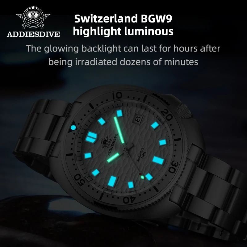 ADDIESDIVE 43mm Mechanical Watches for Men 200m Waterproof Wave Texture Sapphire Glass NH35 Automatic BGW9 Luminous Diver Watch