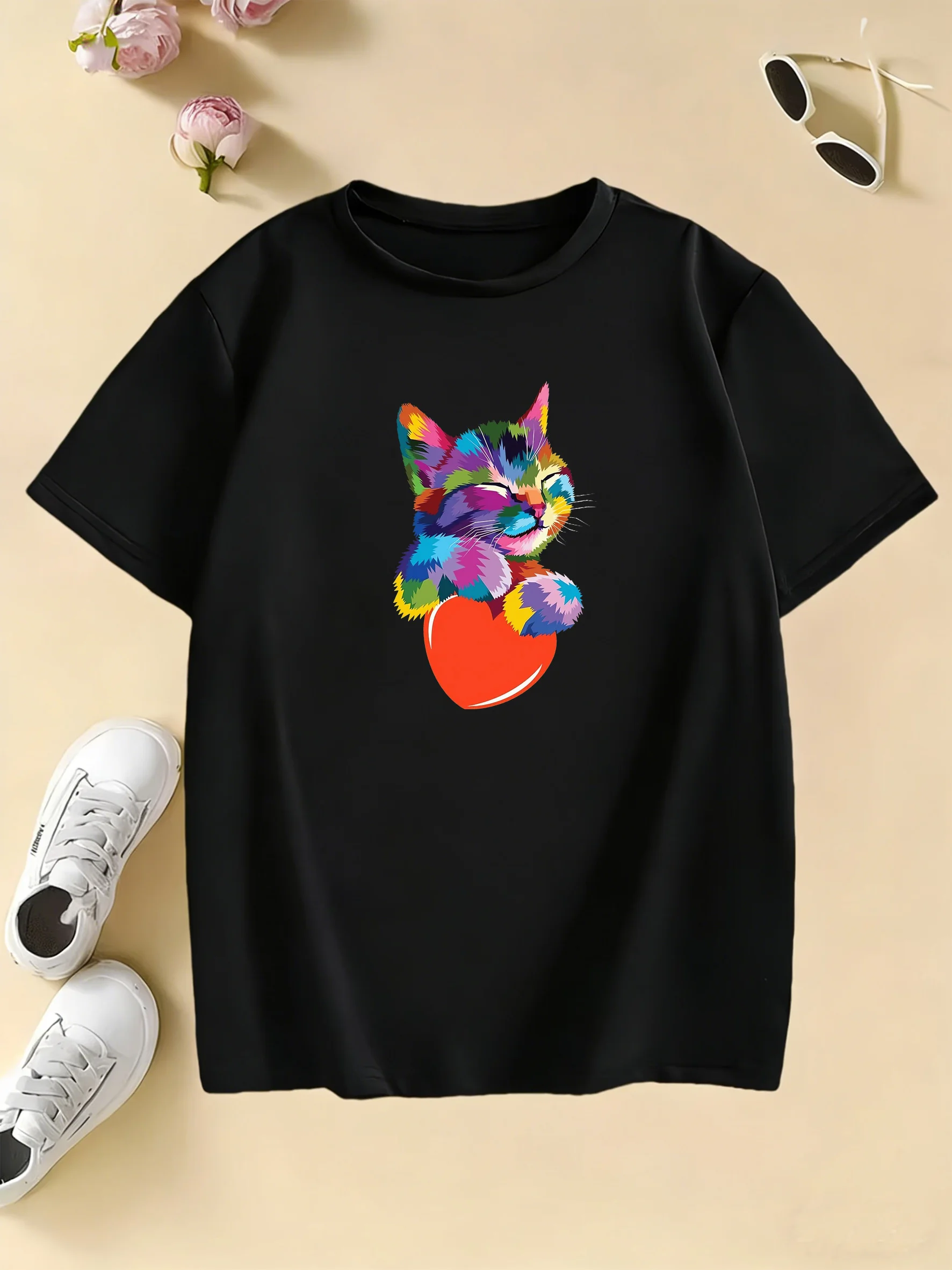 Colorful Cat with Love design T Shirts Manga Kids Children's Summer Fashion T-shirt Boys Girls Summer Spring Casual Top Tee