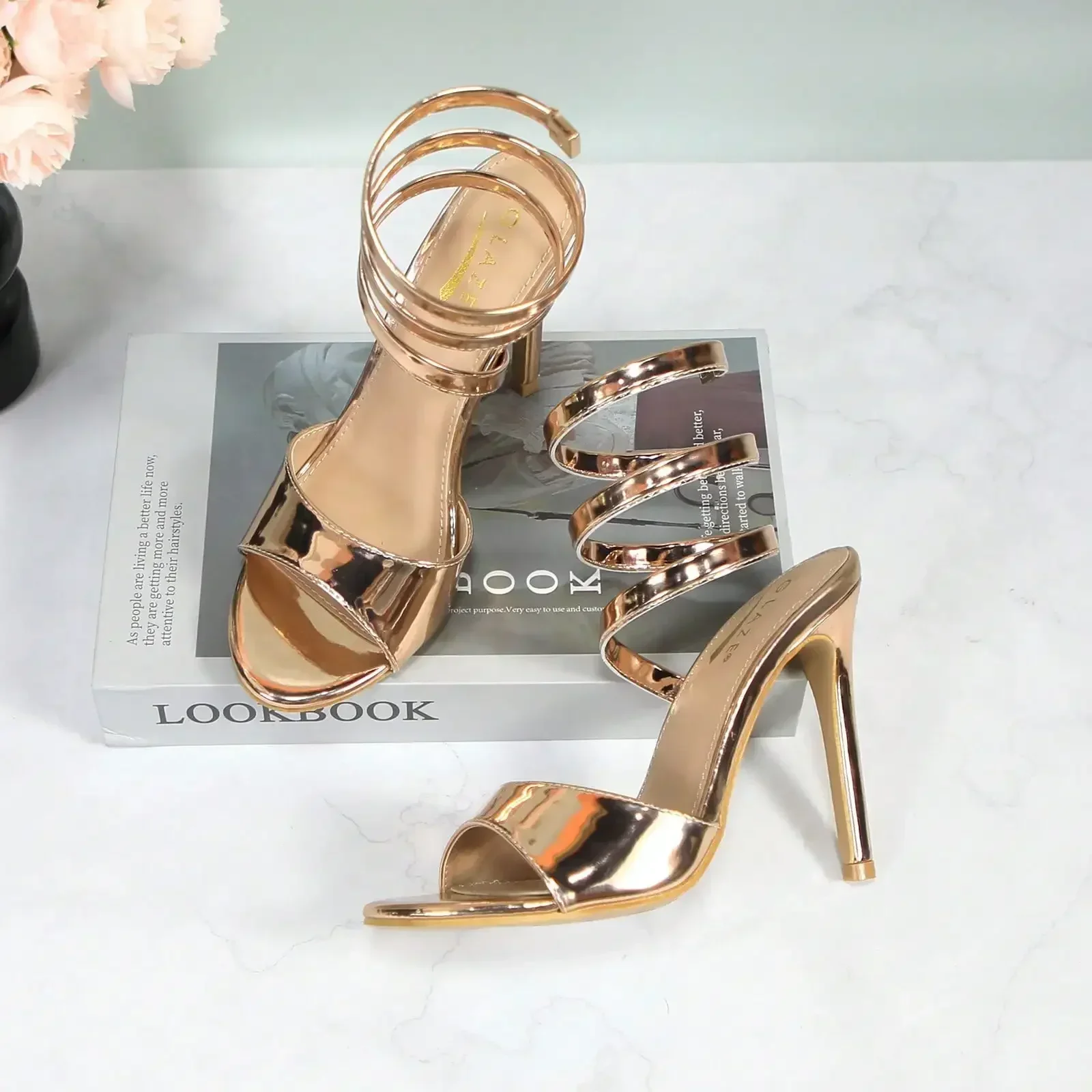 

Женские золотые туфли на шпильке GLAZE с ремешками — каблуки со шнуровкой на щиколотке и мягкой стелькой для вечеринок и официальных мероприятий